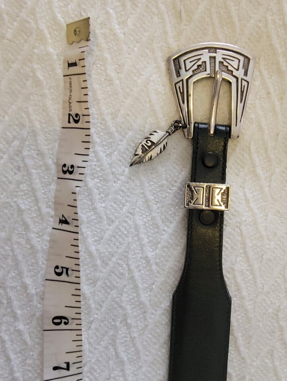 Vintage JUSTIN Back Leather Belt with Silver Buckle and Feather Charm